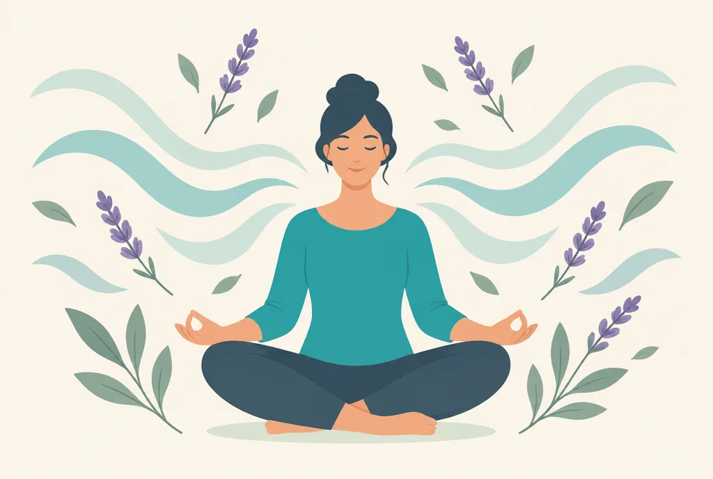 Illustration of a calm person sitting cross-legged surrounded by lavender sprigs, leaves, and soft abstract waves suggesting a settled mind