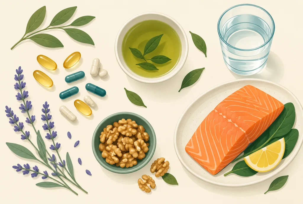 Flat-lay illustration of calming supplements and foods: capsules, lavender sprigs, green tea leaves, salmon, nuts, and a glass of water