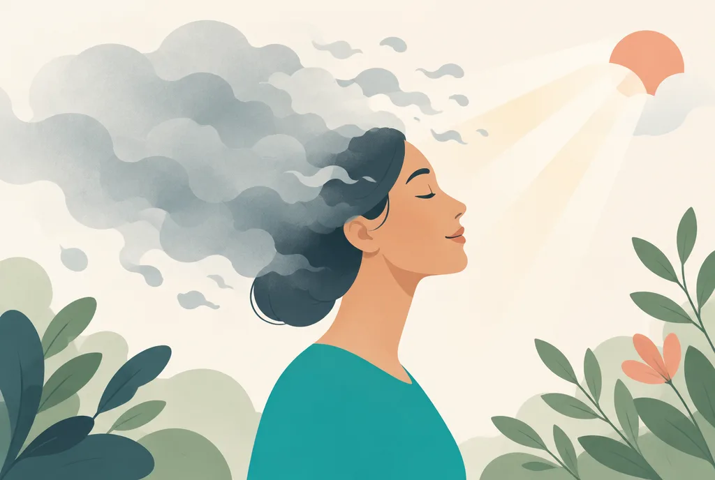 Illustration of a calm person with fog lifting away from their head as light breaks through, symbolizing returning mental clarity
