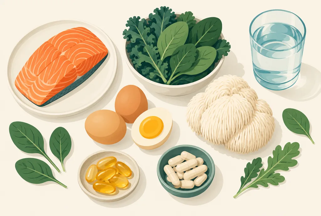 Flat-lay illustration of brain-supporting foods and supplements: salmon, eggs, leafy greens, a mushroom, capsules, and a glass of water