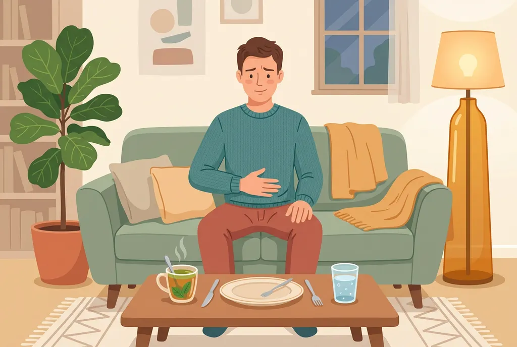 Illustration of a man in a teal sweater sitting on a sage-green sofa after dinner, one hand on his stomach with a mildly uncomfortable look, with an empty plate, a cup of mint tea and a glass of water on the coffee table