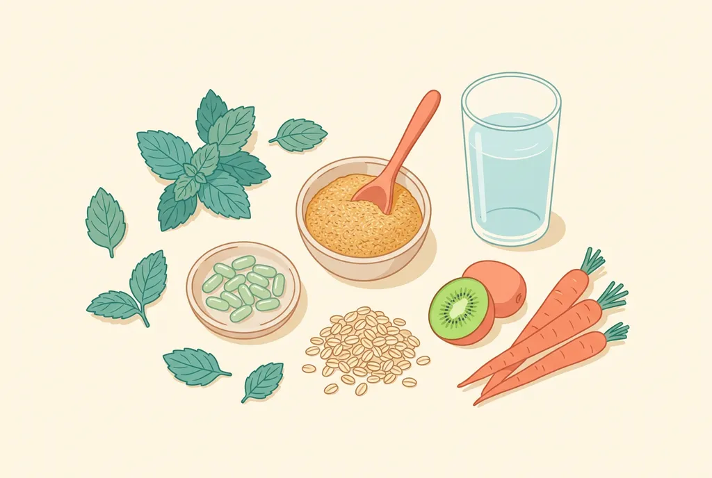 Flat-lay illustration of fresh mint leaves, a dish of pale green softgel capsules, a bowl of psyllium husk with a wooden spoon, a glass of water, rolled oats, a halved kiwi and carrots
