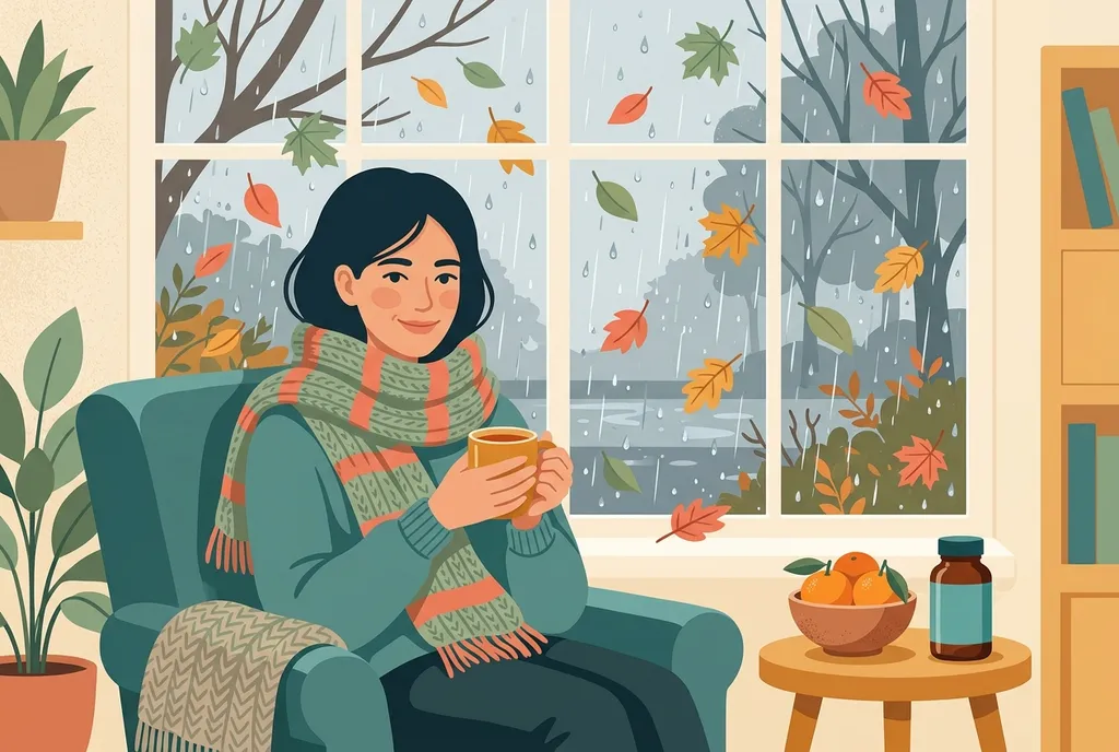 Illustration of a smiling person in a knit scarf sitting in an armchair by a rainy autumn window, holding a mug of tea, with a bowl of oranges and a supplement bottle on a side table