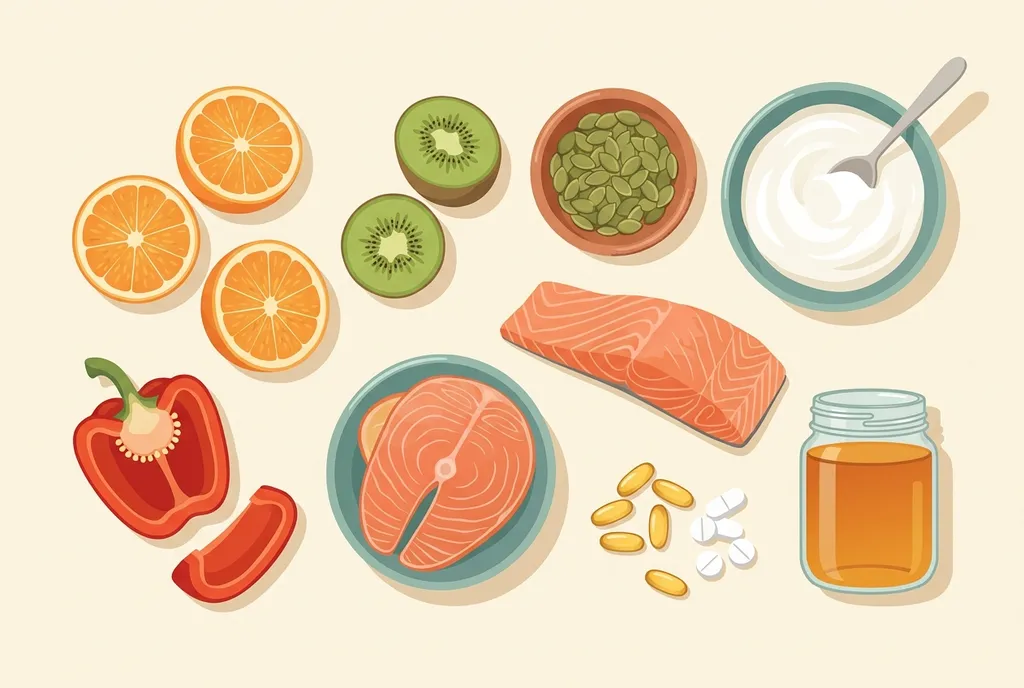 Flat-lay illustration of orange slices, halved kiwi, a red bell pepper, a bowl of pumpkin seeds, yogurt, salmon, golden softgels, white tablets and a jar of honey
