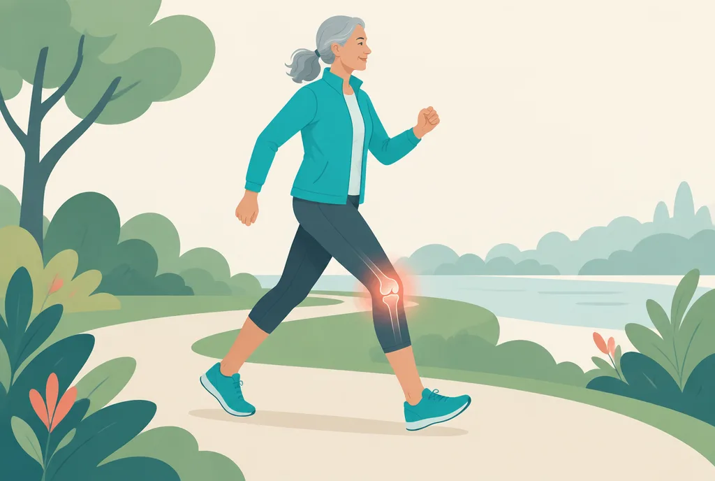 Illustration of an active older adult walking comfortably outdoors with a softly highlighted knee joint suggesting ease and mobility