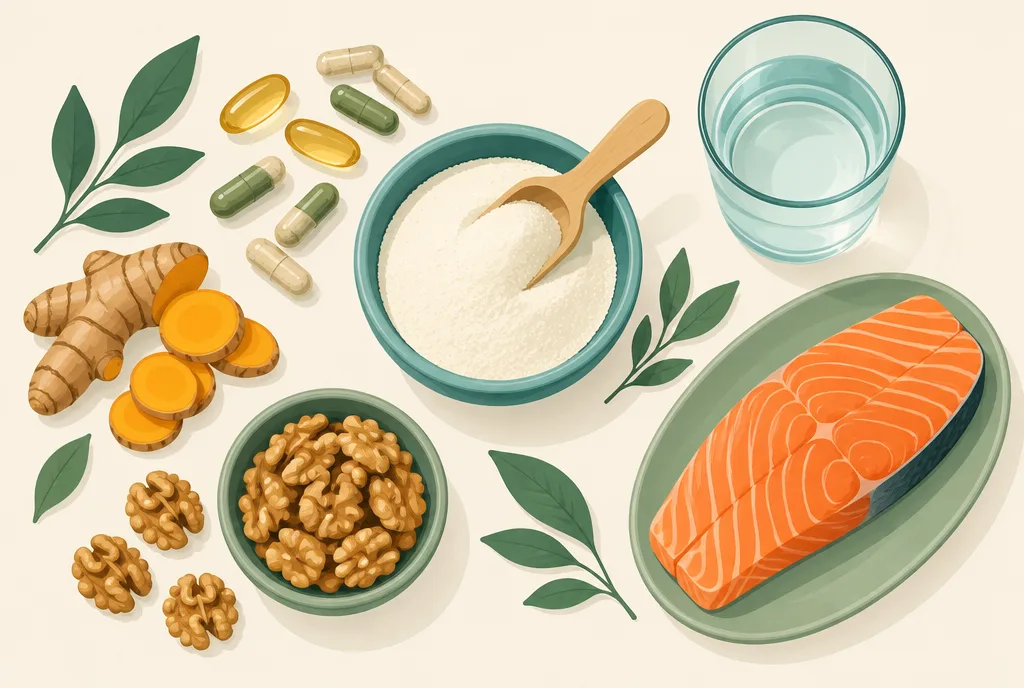 Flat-lay illustration of joint-supportive supplements and foods: capsules, collagen powder, salmon, turmeric root, and a glass of water