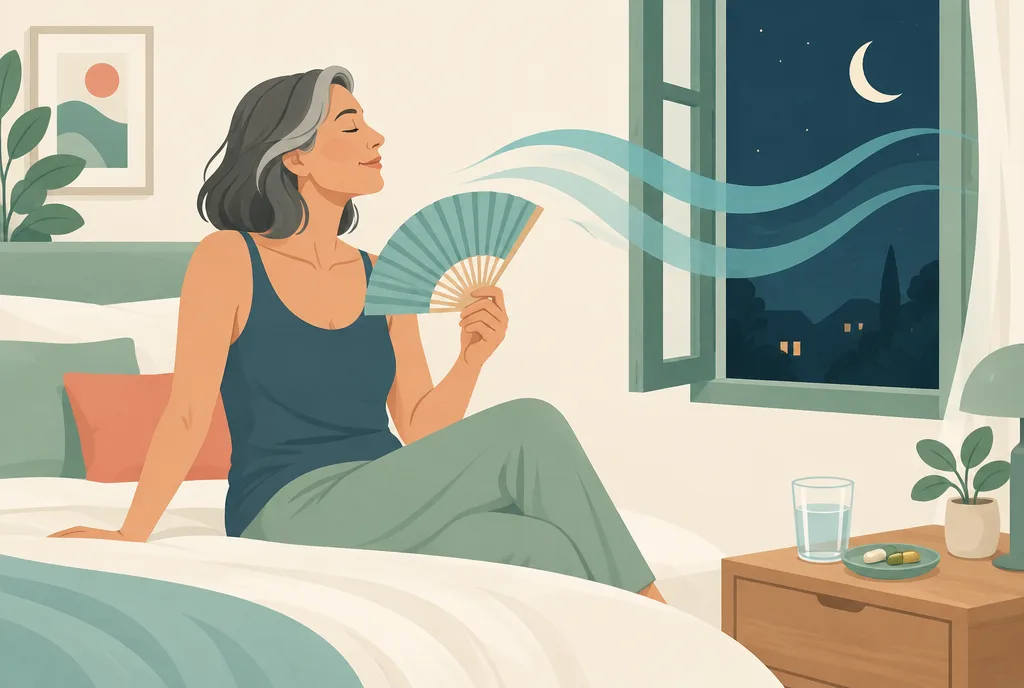 Illustration of a calm midlife woman fanning herself beside a nightstand with a glass of water and supplement capsules, cool teal waves suggesting relief from hot flashes