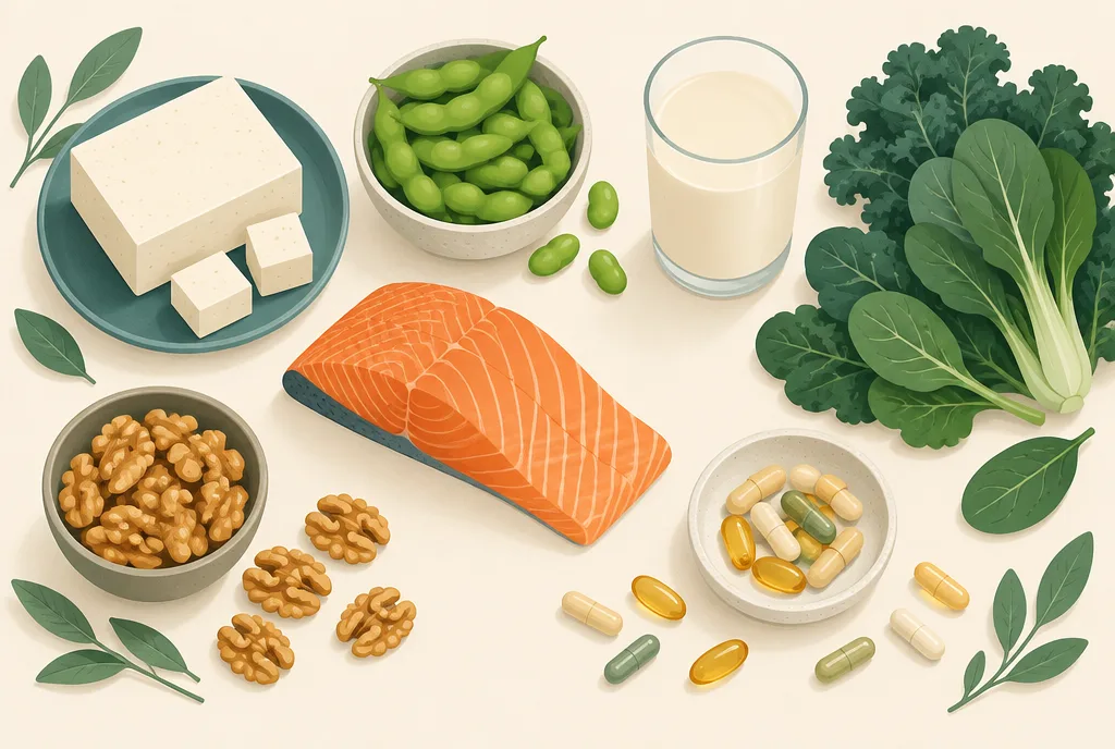 Flat-lay illustration of menopause-supportive foods and supplements: tofu, edamame, soy milk, salmon, leafy greens, and capsules of vitamin D, magnesium, and melatonin