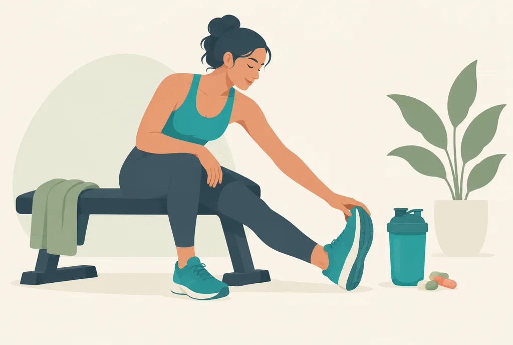 Illustration of an athlete resting and stretching after a workout, with a protein shaker and supplement capsules nearby
