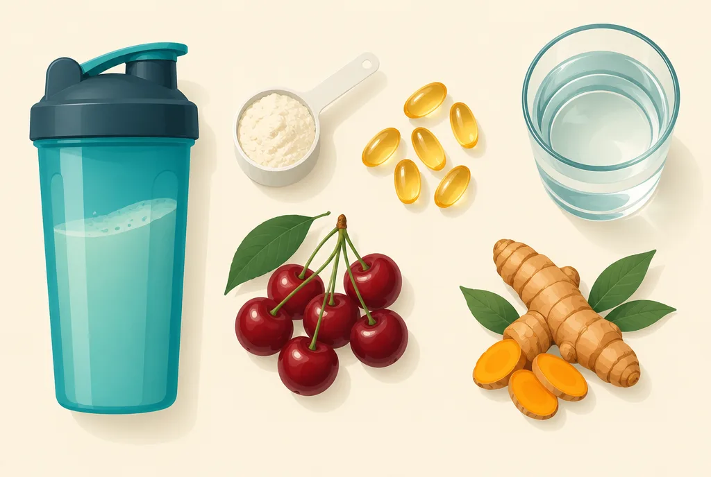 Flat-lay illustration of recovery staples: protein shaker, creatine powder scoop, fish oil capsules, cherries, and turmeric root