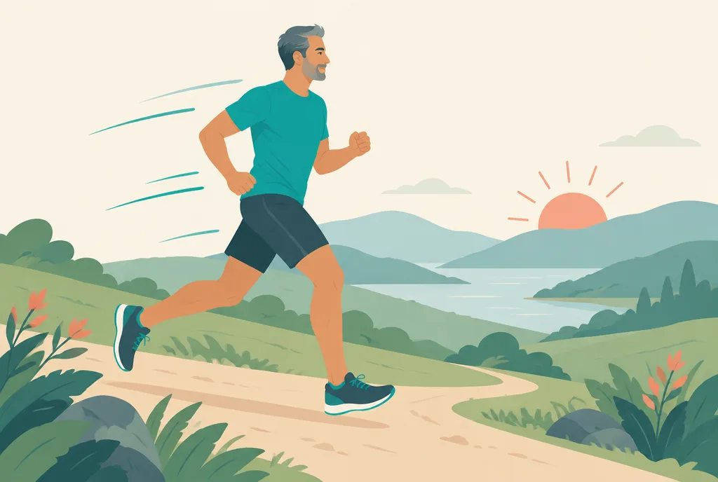 Illustration of a fit runner in his forties mid-stride on a sunrise trail, with subtle motion lines suggesting endurance and steady recovery