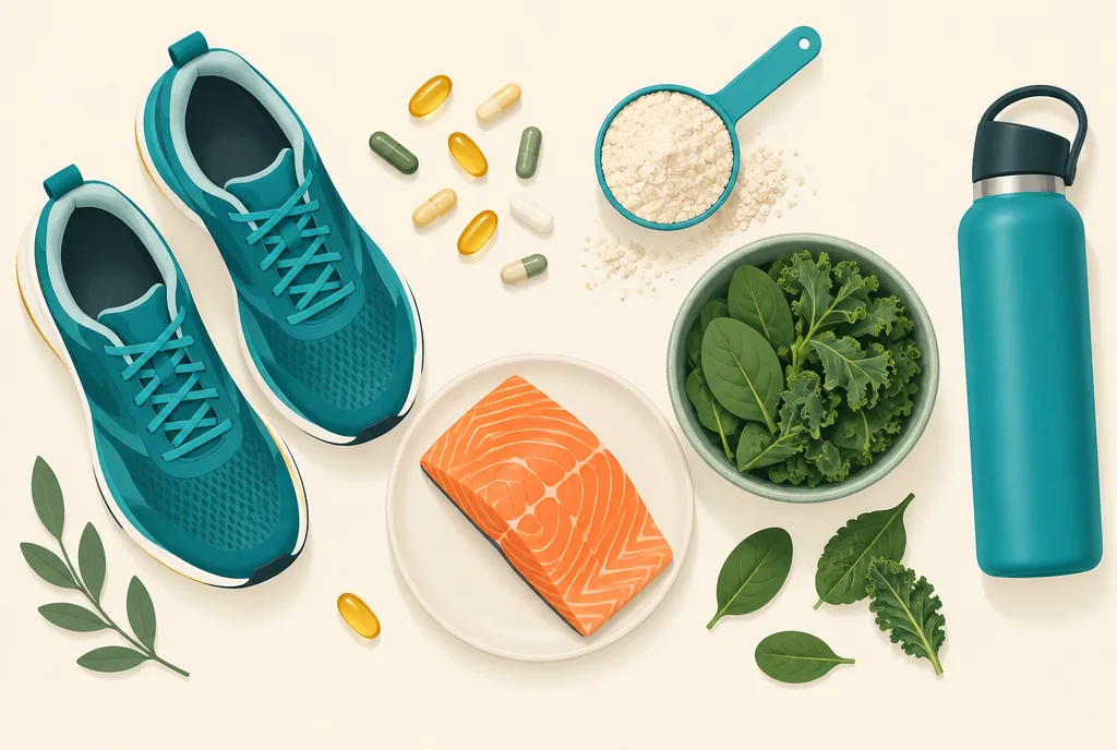 Flat-lay illustration of a masters runner toolkit: running shoes, supplement capsules, protein powder scoop, salmon, leafy greens, and a water bottle