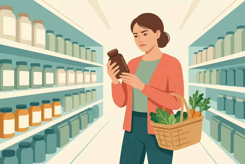 Illustration of a woman in a coral cardigan standing in a store aisle lined with supplement bottles, frowning skeptically at a brown bottle in her hand, with a basket of fresh vegetables on her arm