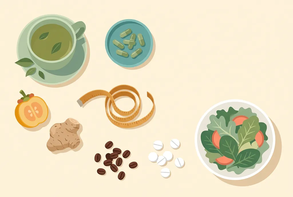 Flat-lay illustration of a cup of green tea, a dish of green capsules, a halved garcinia fruit, a konjac root, coffee beans, white tablets, a coiled measuring tape and a bowl of leafy salad