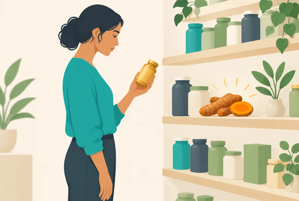 Illustration of a person comparing two golden supplement bottles beside a turmeric root and scattered capsules