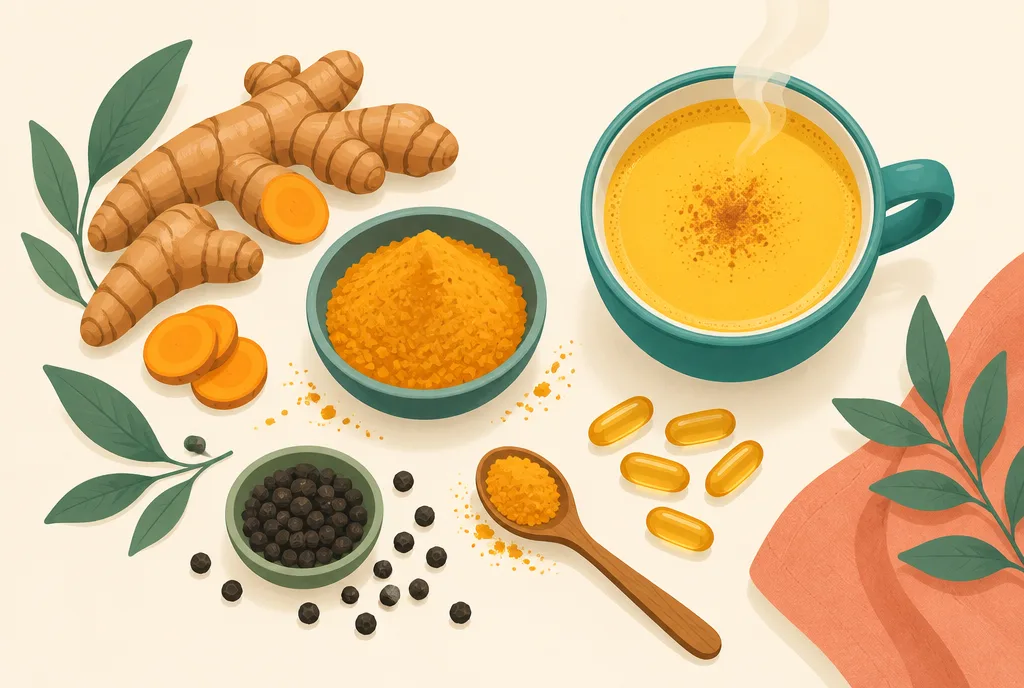 Flat-lay illustration of turmeric root, golden powder, black peppercorns, capsules, and a glass of golden milk