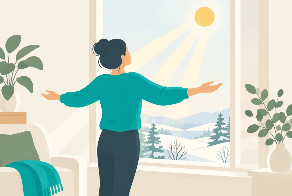 Illustration of a person by a window reaching toward soft winter sunlight, with a sun symbol and skin absorbing its rays