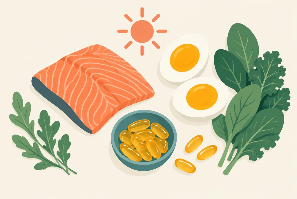 Flat-lay illustration of vitamin D sources: salmon, egg yolks, softgel capsules, a sun symbol, and leafy greens on a warm background