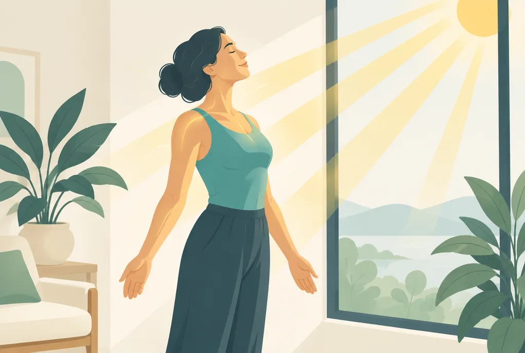 Illustration of a person standing in warm sunlight streaming through a window, soaking up rays that reach the skin