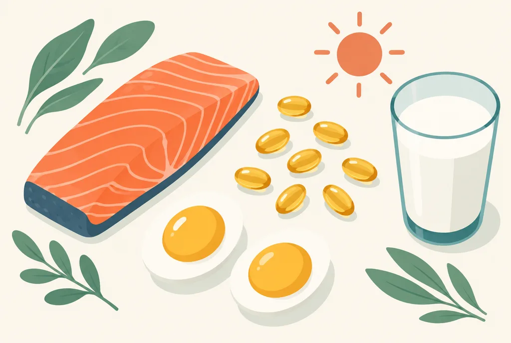 Flat-lay illustration of Vitamin D sources: salmon fillet, egg yolks, softgel capsules, a glass of fortified milk, and a small sun motif