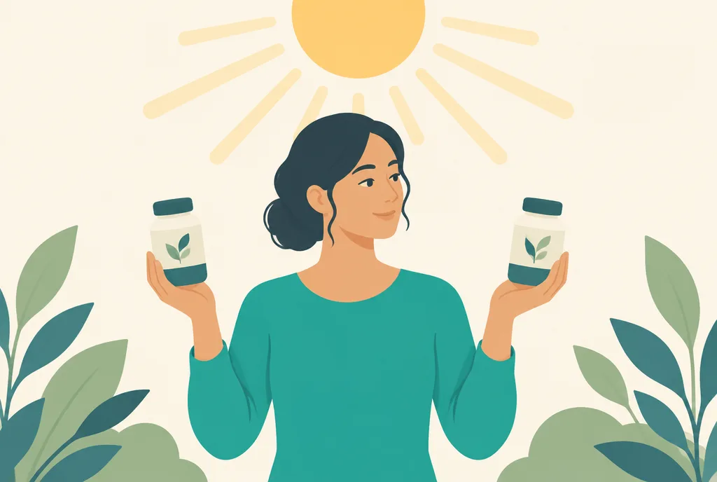 Illustration of a person comparing two nearly identical supplement bottles at a sunlit pharmacy shelf, sunshine rays in the background
