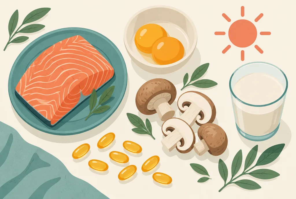 Flat-lay illustration of vitamin D sources: salmon, egg yolks, mushrooms, a glass of fortified plant milk, softgel capsules, and a small sun