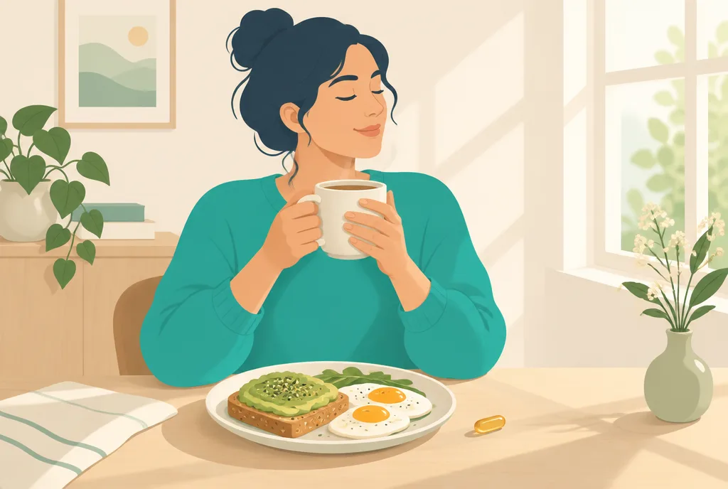 Illustration of a person having breakfast at a sunlit table with a single supplement capsule beside the plate