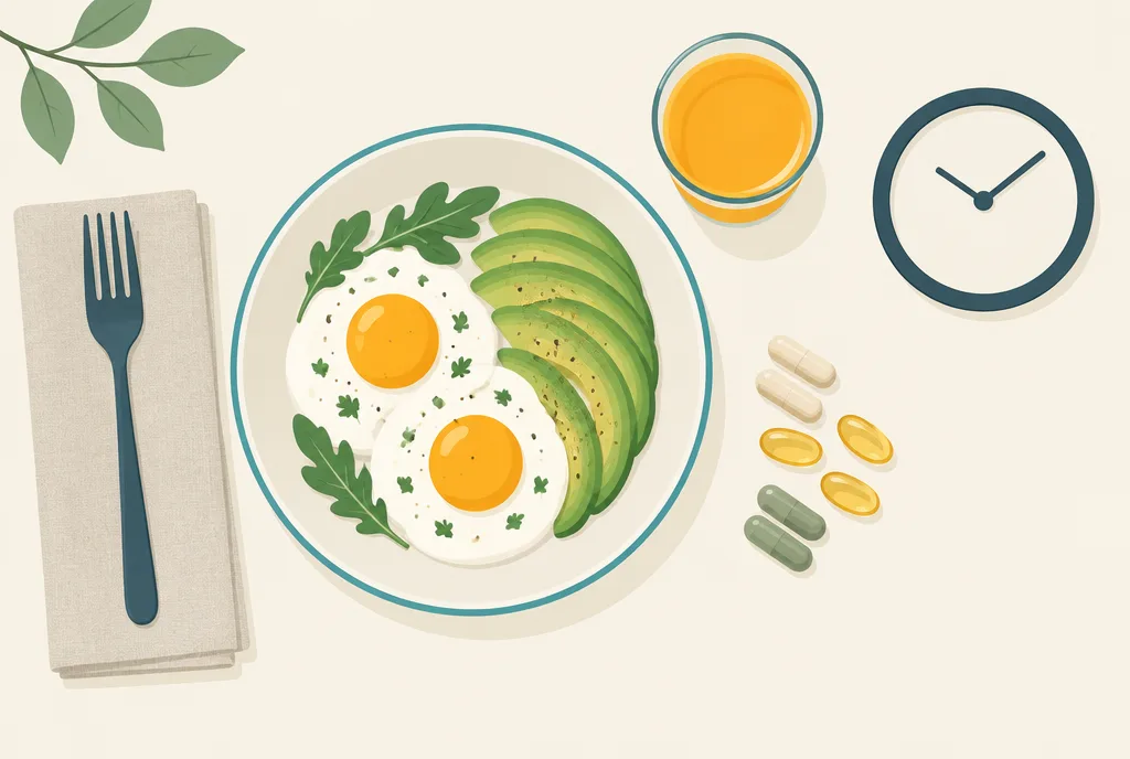 Flat-lay illustration of a breakfast plate with eggs and avocado beside supplement capsules, a glass of orange juice, and a small clock