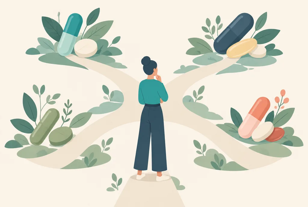 Illustration of a thoughtful person standing before shelves of supplement bottles, with four soft pathways converging toward the few that fit them