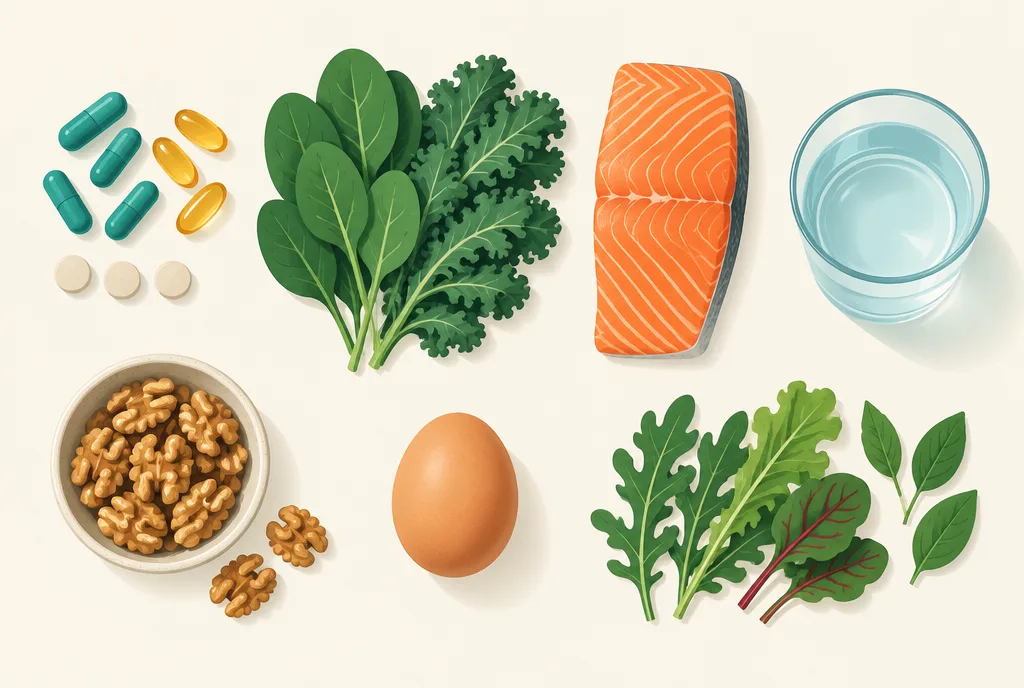 Flat-lay illustration of supplement capsules, leafy greens, salmon, nuts, and a glass of water arranged in a calm grid
