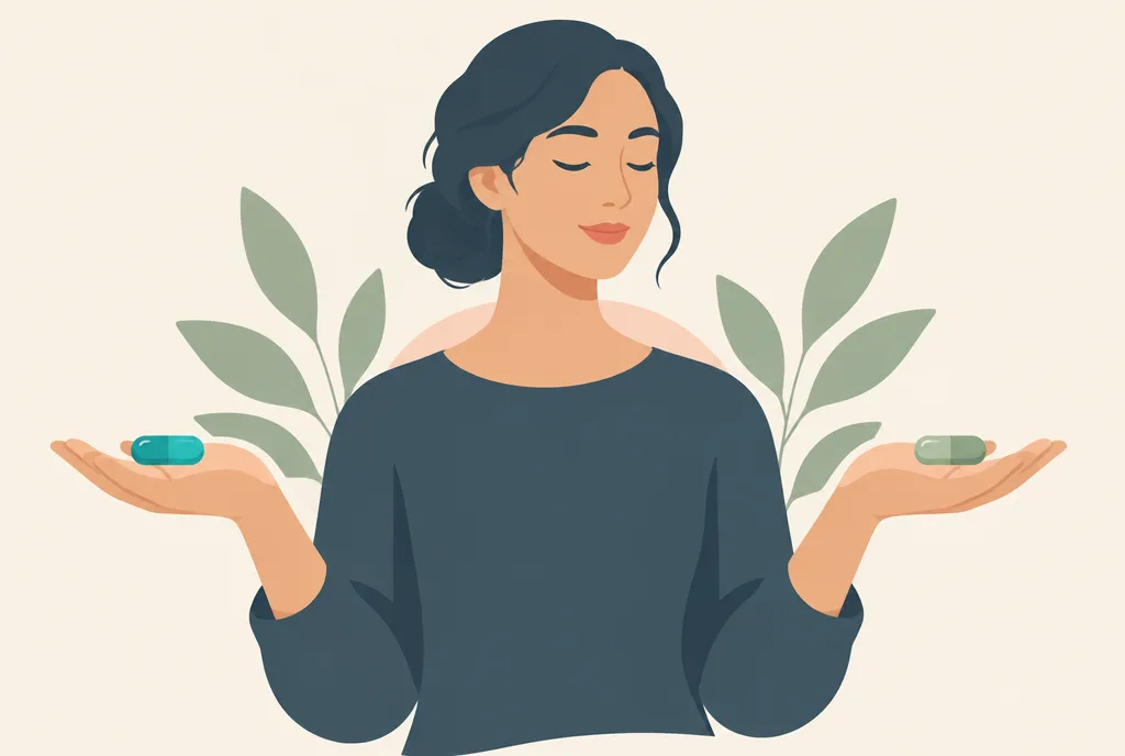 Illustration of a person weighing two mineral supplement capsules on either hand, one teal and one sage green, against a calm off-white background