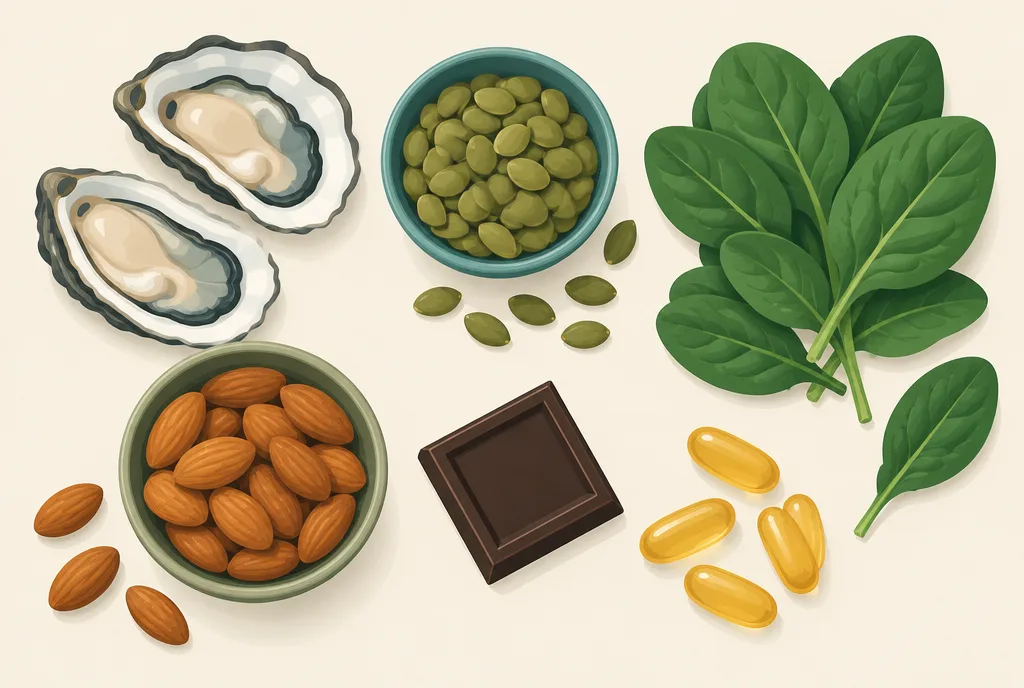 Flat-lay illustration of zinc and magnesium food sources and capsules: oysters, pumpkin seeds, spinach, dark chocolate, almonds, and two supplement capsules